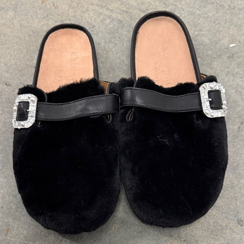 Kate Spade Black Fur Mules with Buckle